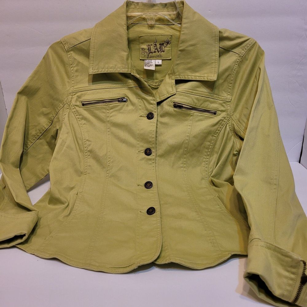 Live A Little Jacket Womns L Green Excellnt Cotton Spandex Zipper Detail Utility